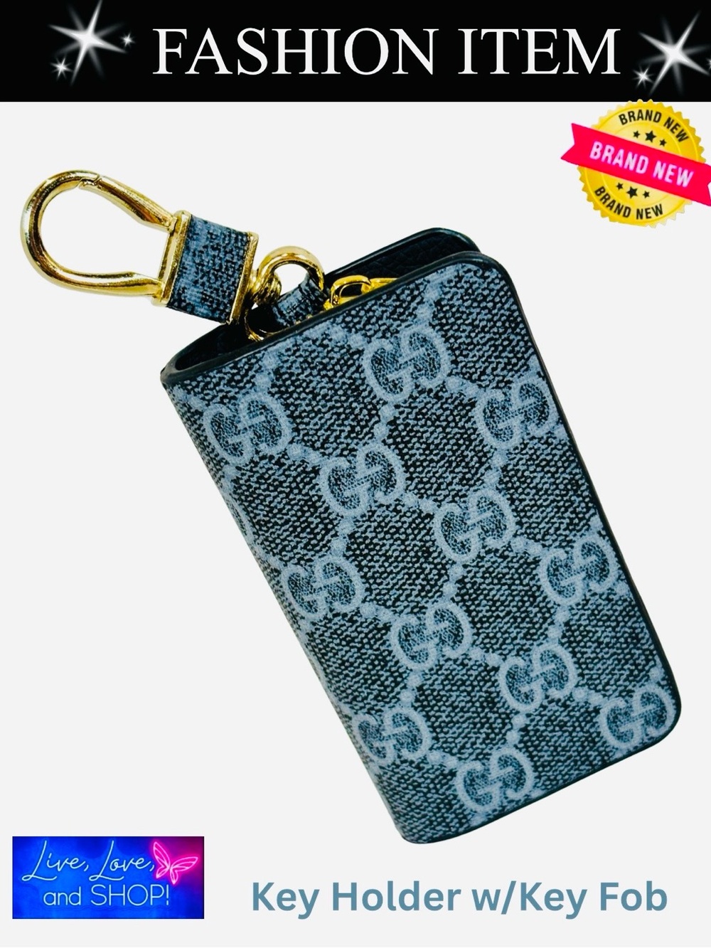 CAR KEYS & FOB HOLDER: Navy Blue w/GG Monogram, NWOT